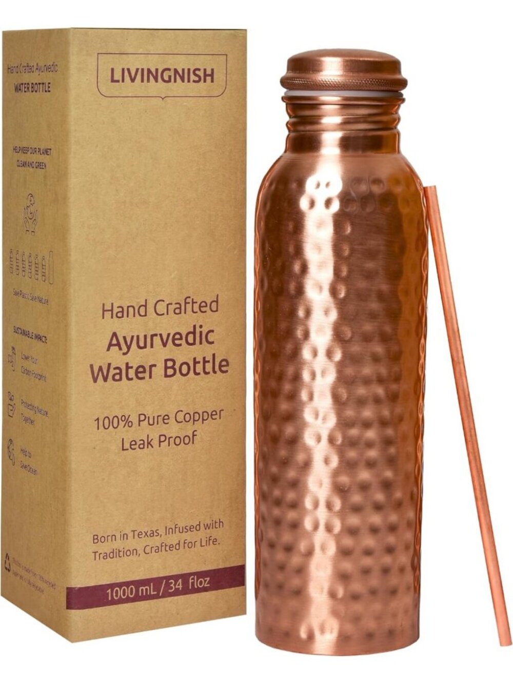 Hammered 34 OZ Pure Copper Water Bottle โ Eco-Friendly, Durable, Stylish